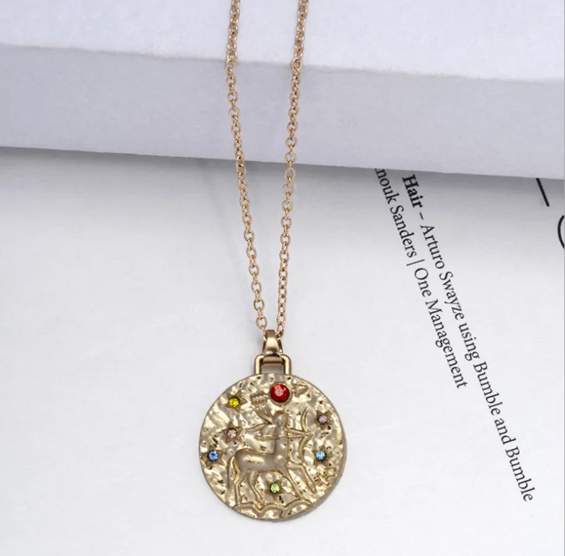 Gold Coin Disk Pendant Zodiac Necklace WEM Support (www.WEM.support)