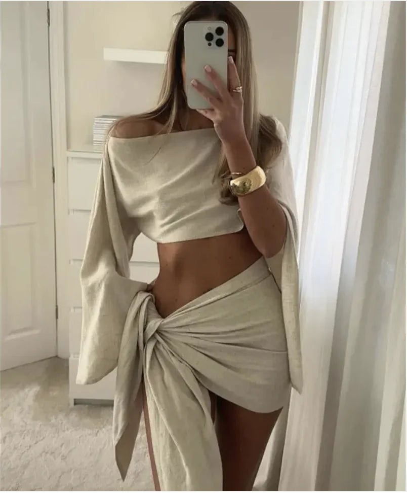 Women’s Sexy Diagonal Neck Long Sleeve Two-Piece Set with Lace-Up Skirt – Spring/Summer 2024 WEM Support (www.WEM.support)