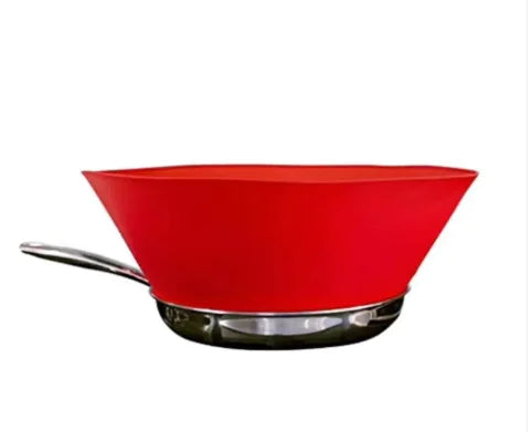 An orange silicone splash pot cover with a stainless steel handle.