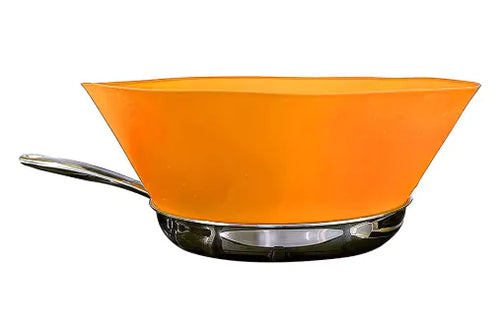 An orange silicone splash pot cover with a stainless steel handle.