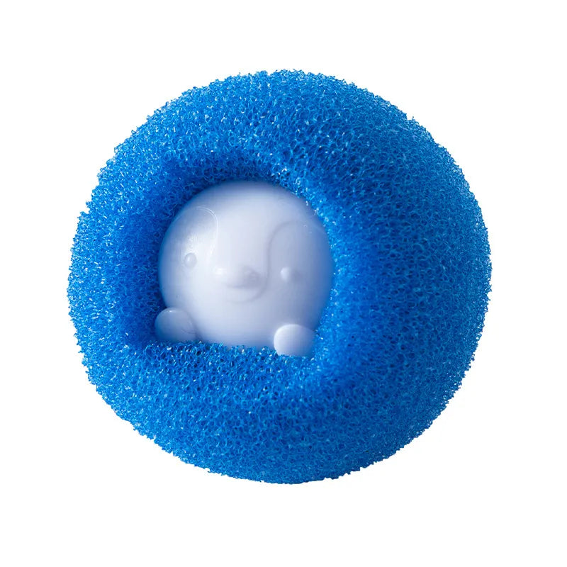 A blue multifunctional laundry ball designed to remove pet hair and help clean clothes by trapping lint and debris.