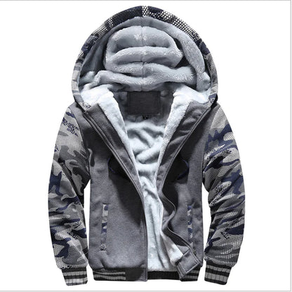 A gray custom winter sweater coat with a hood, featuring a full zipper and a camouflage pattern.