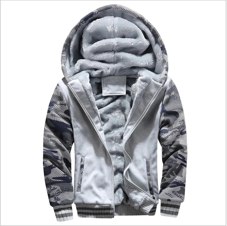 A gray custom winter sweater coat with a hood, featuring a full zipper and a camouflage pattern.