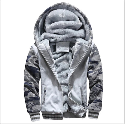 A gray custom winter sweater coat with a hood, featuring a full zipper and a camouflage pattern.