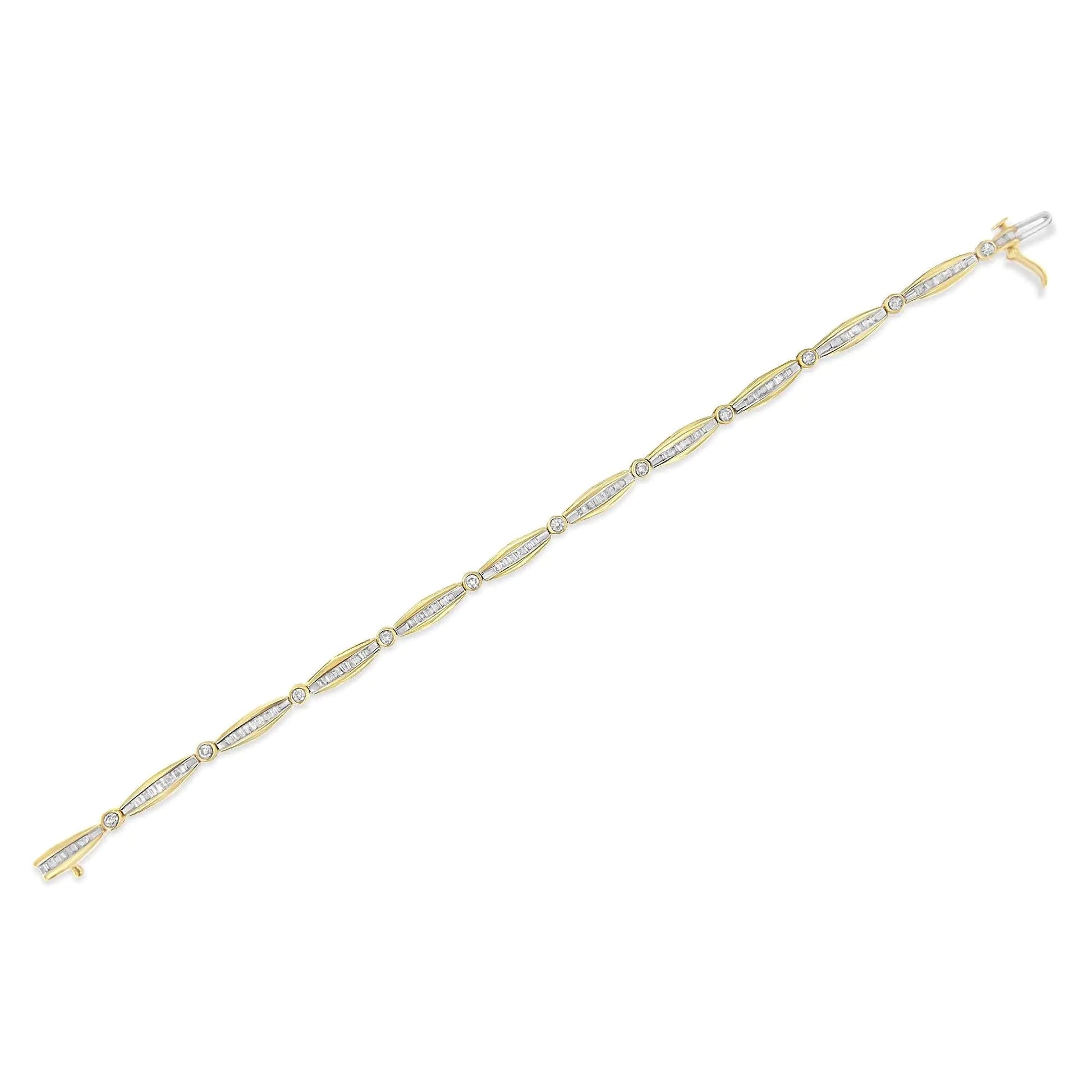 14K Yellow Gold 1-1/2 Cttw Round Brilliant-Cut & Baguette Cut Diamond Bezel and Tapered Link 7" Tennis Bracelet (H-I Color, I1-I2 Clarity) WEM Support (www.WEM.support)