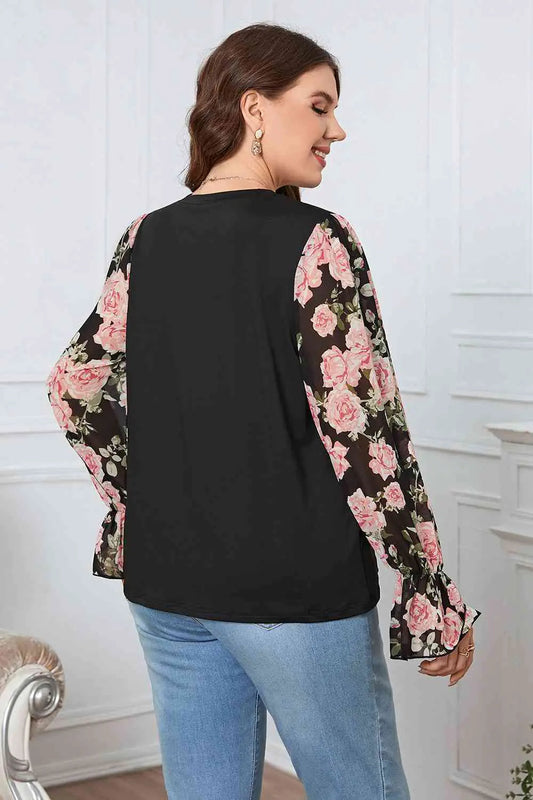 Plus Size Floral Flounce Sleeve Blouse- WEM Support (www.WEM.support)