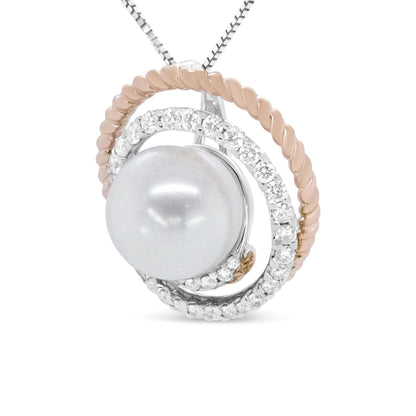 14K Rose and White Gold 3/8 Cttw Pave Diamond and 9mm Round Pearl Spiral Openwork 18" Pendant Necklace- (H-I Color, VS1-VS2 Clarity) WEM Support (www.WEM.support)