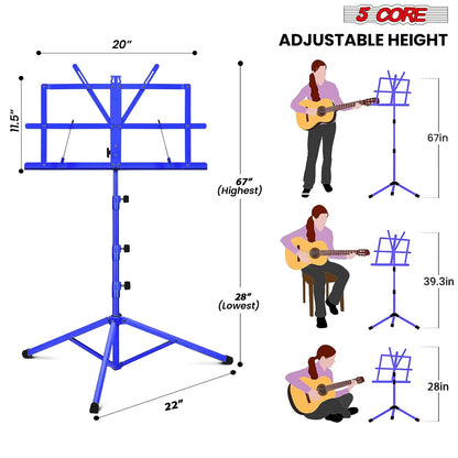 5Core Music Stand For Sheet Music Portable Tripod Adjustable Folding With Light Note Holder BLUE WEM Support (www.WEM.support)