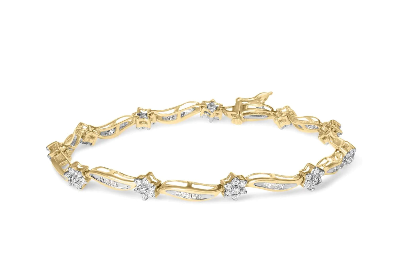10K Yellow Gold 2.00 Cttw Round-Cut and Baguette-Cut Floral Design Swirl Link 7.5" Bracelet (H-I Color, I2-I3 Clarity) WEM Support (www.WEM.support)