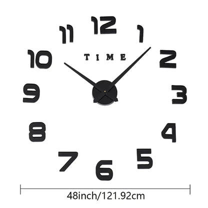 A 48 inch frameless 3D wall clock kit with black numbers and hands, displayed on a white background.