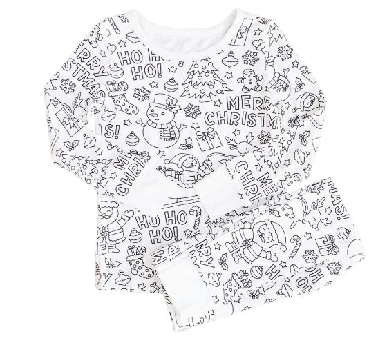 A set of white pajamas for kids with a Christmas-themed pattern, including the text 'Merry Christmas' and various Christmas-related icons in black.