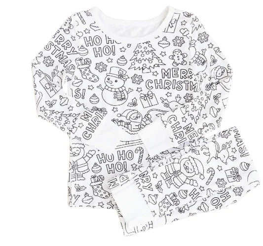 A set of white pajamas for kids with a Christmas-themed pattern, including the text 'Merry Christmas' and various Christmas-related icons in black.