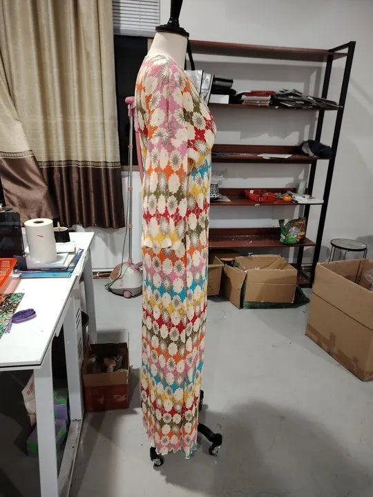 Retro Loose Painted Lantern Sleeve V-neck Printed Dress WEM Support (www.WEM.support)