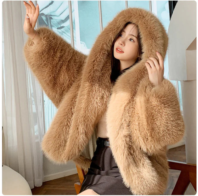 Women's Faux Fox Fur Hooded Coat WEM Support (www.WEM.support)