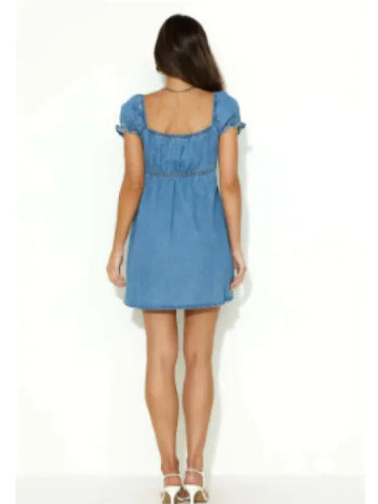 Chic Hollow Denim Puff Dress HejK.com Marketplace LLC