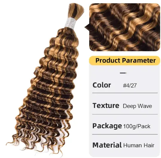 An image showing a bundle of deep wave textured hair extensions with the product parameters displayed: color (#/27), texture (Deep Wave), package (100g-Pack), and material (Human Hair).