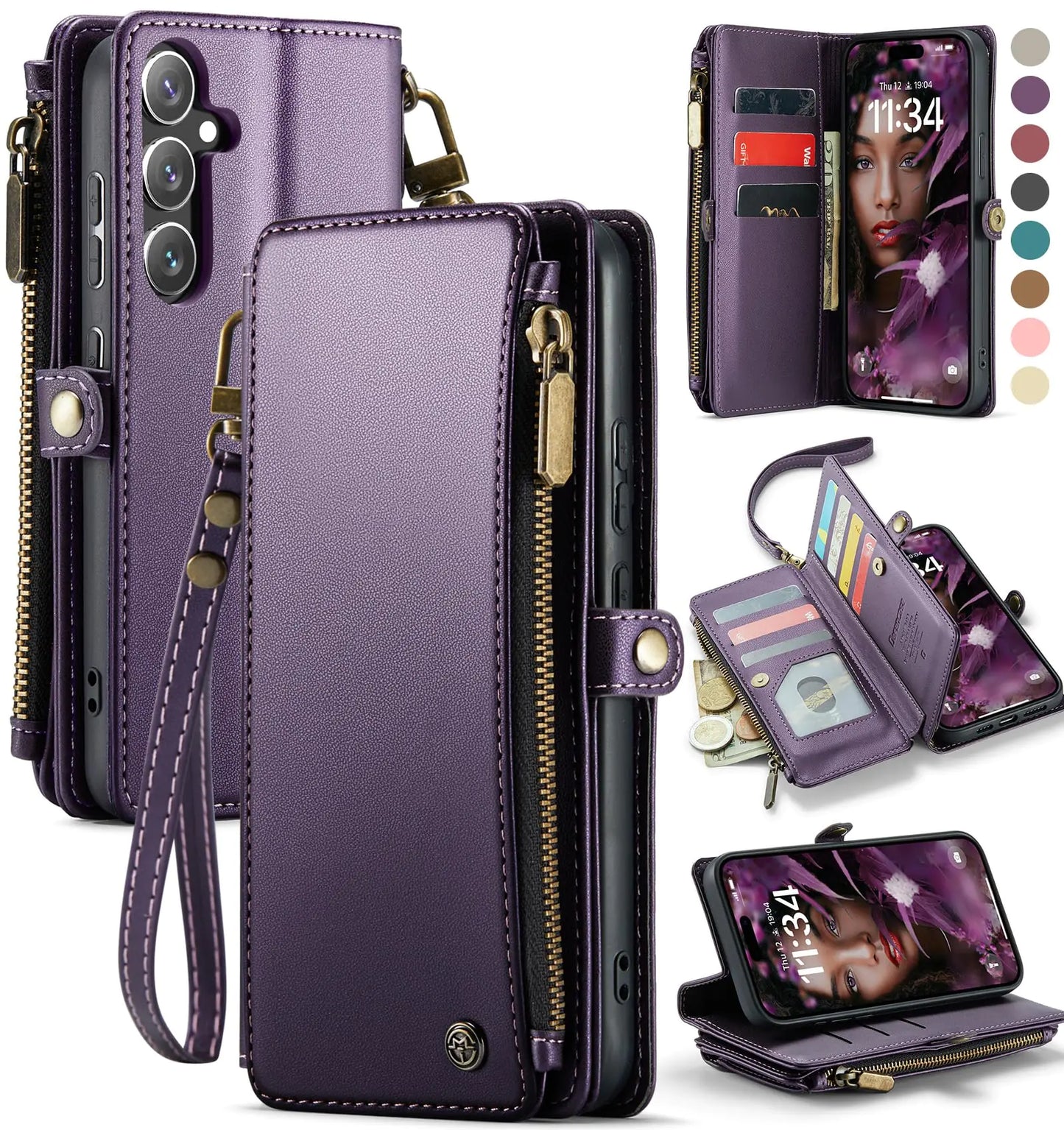 Defencase Compatible with Samsung Galaxy S24 FE Case Wallet with RFID Blocking Card Holder for Women Men, PU Leather Magnetic Snap Flip Zipper Strap Wallet Phone Case for Galaxy S24 FE 5G 6.7", Purple
