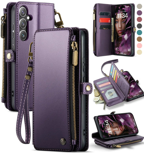 A purple Samsung Galaxy S24 FE case with a wallet and RFID blocking card holder, featuring a magnetic snap and zippered closure with a wrist strap.