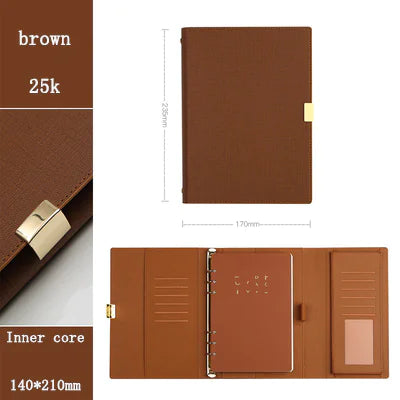A brown, detachable loose-leaf notepad with a leather cover, displayed open to show the inner core and dimensions.