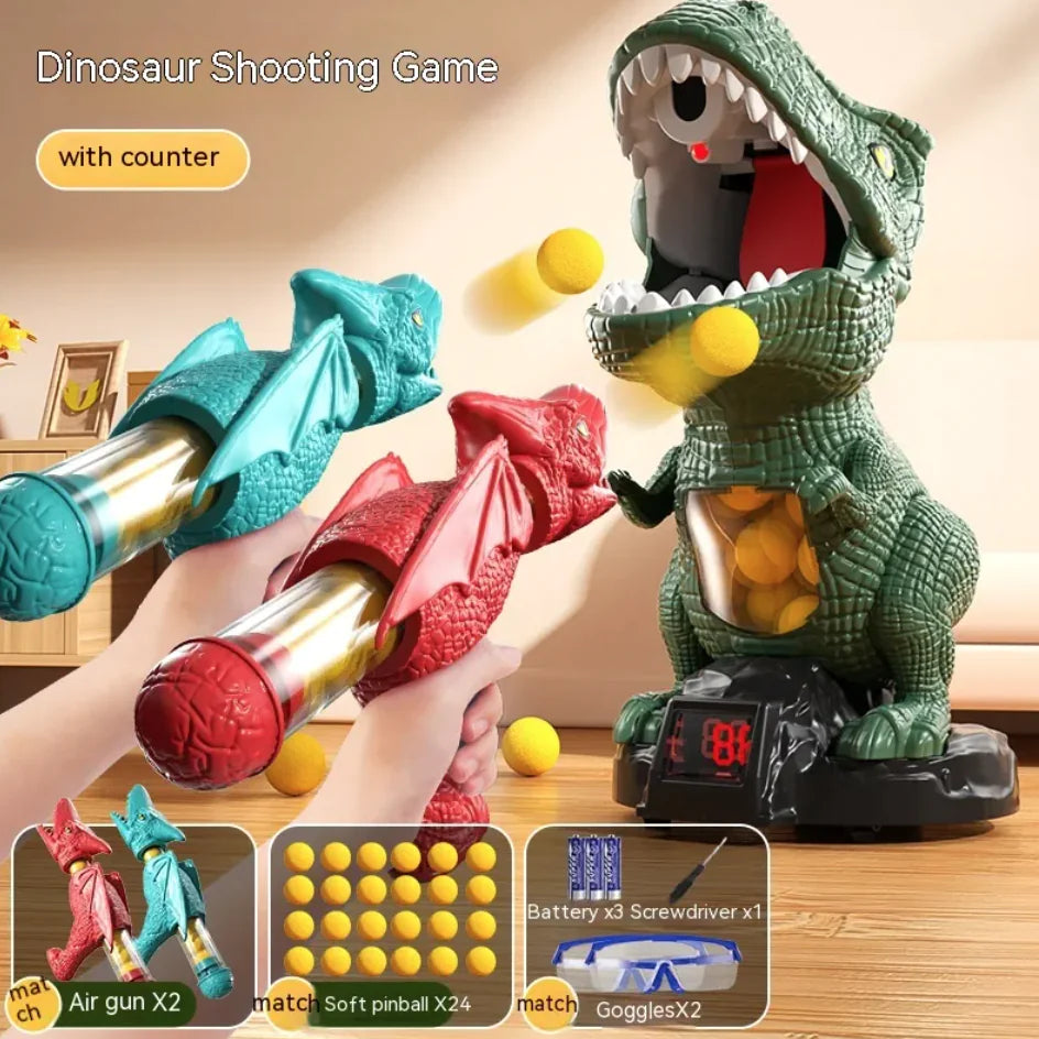 Children's dinosaur shooting game with air-powered guns and a moving dinosaur target, featuring multicolored plastic components and soft bullets.
