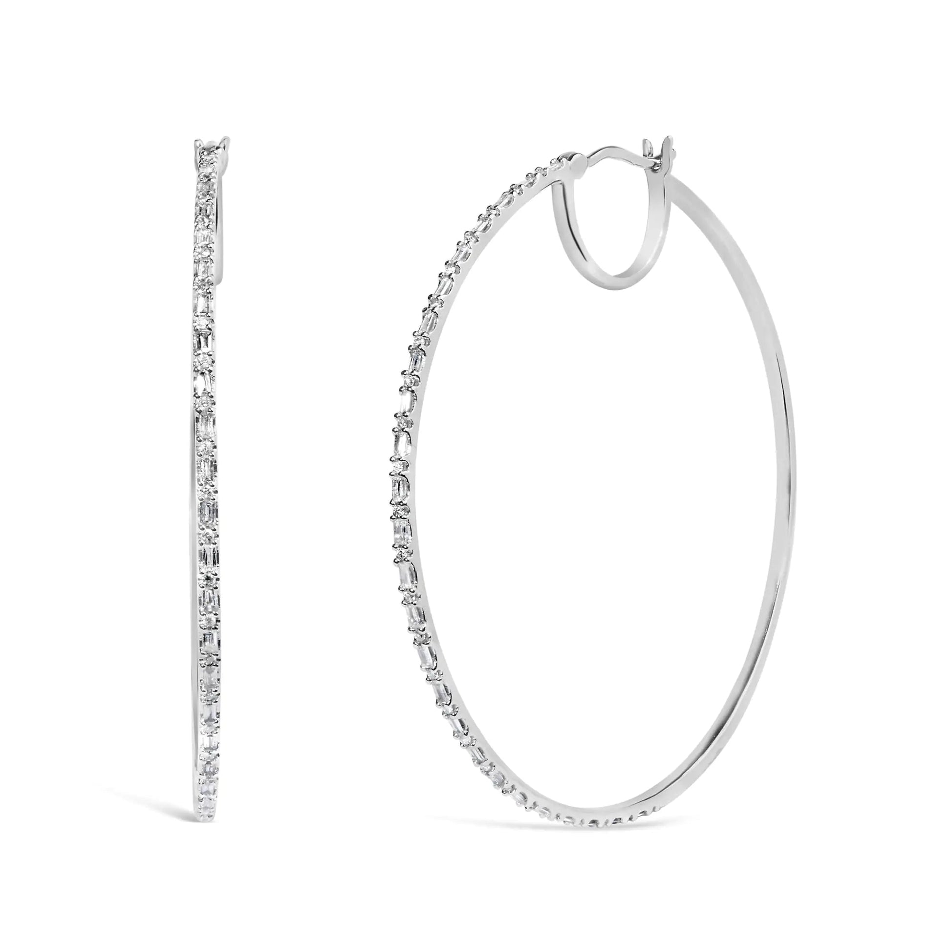 10K White Gold 1/2 Cttw Baguette and Round Alternating Diamond Hoop Earrings (I-J Color, I2-I3 Clarity) WEM Support (www.WEM.support)