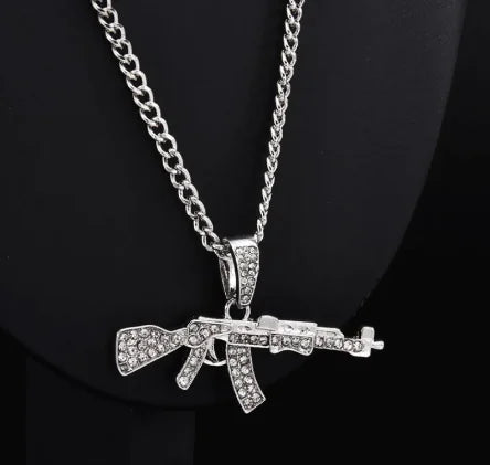 Men's Diamond-Encrusted Submachine Gun Necklace WEM Support (www.WEM.support)