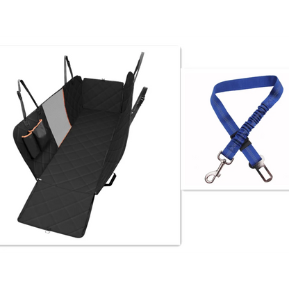 A black dog seat cover with a mesh window, designed to fit in a car seat, including dimensions.