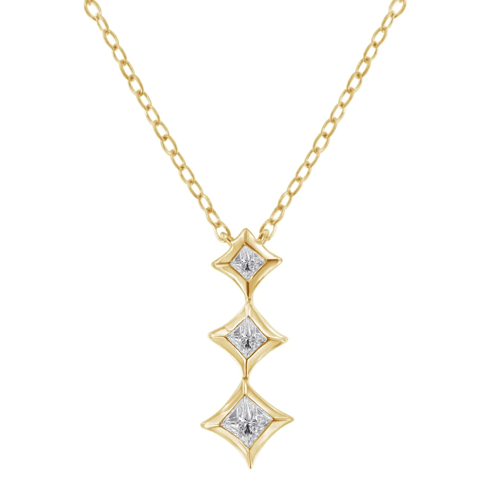 10K Gold 1/5 Cttw Princess Cut Diamond 3 Stone Drop 18" Pendant Necklace (H-I Color, SI2-I1 Clarity) WEM Support (www.WEM.support)