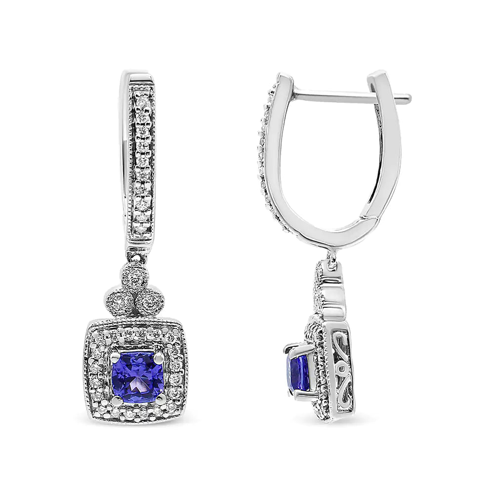 14K White Gold 4x4 mm Cushion Shaped Blue Tanzanite and 1/3 Cttw Diamond Halo 1" Inch Drop and Dangle Earrings (J-K Color, SI2-I1 Clarity) WEM Support (www.WEM.support)