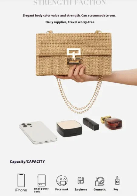 Women's Chain Flap Screw Lock Straw Bag WEM Support (www.WEM.support)