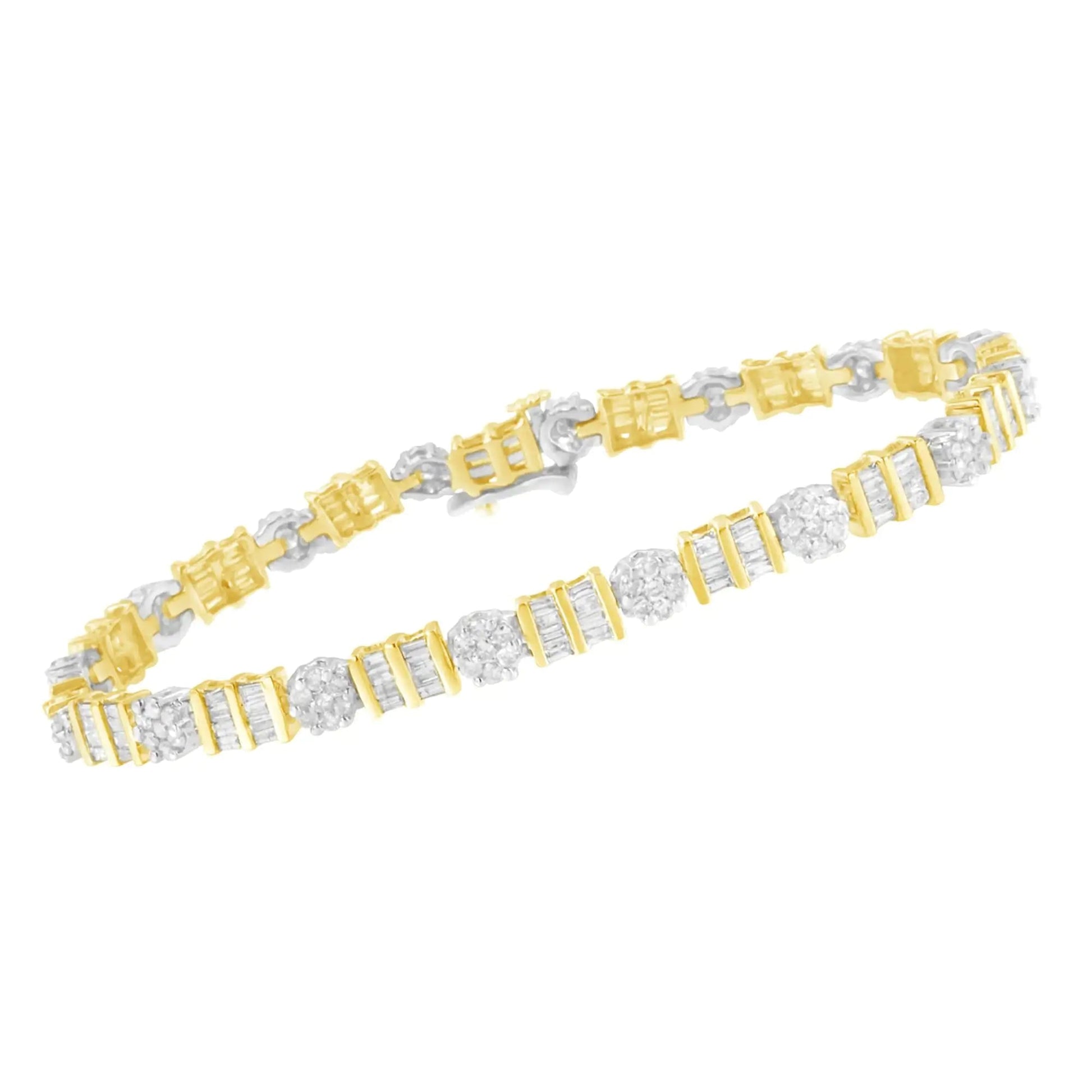 14K Gold 3-3/8 Cttw Round & Baguette-Cut Diamond Cluster Alternating Station 7" Tennis Bracelet (H-I Color, I1-I2 Clarity) WEM Support (www.WEM.support)
