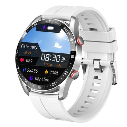 A promotional image featuring a smart watch with a fitness tracking app displayed, alongside an inset image of a person using the watch while walking.