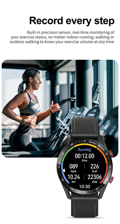A promotional image featuring a smart watch with a fitness tracking app displayed, alongside an inset image of a person using the watch while walking.