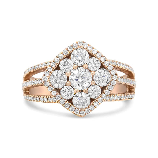 18K Rose Gold 1 1/4 Cttw Diamond Halo Cluster Split Shank Ring Band (F-G Color, VS1-VS2 Clarity) WEM Support (www.WEM.support)