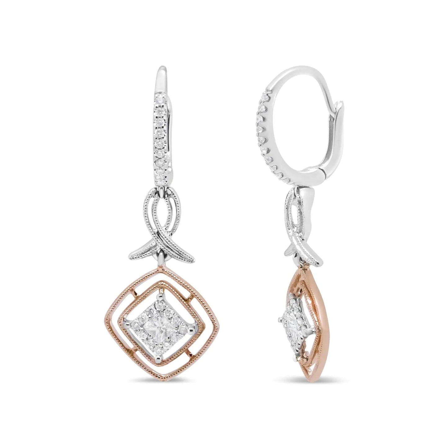 14K White and Rose Gold 1/2 Cttw Round and Princess-Cut Diamond Openwork Marquise Ribbon Dangle Earring (G-H Color, SI2-I1 Clarity) WEM Support (www.WEM.support)