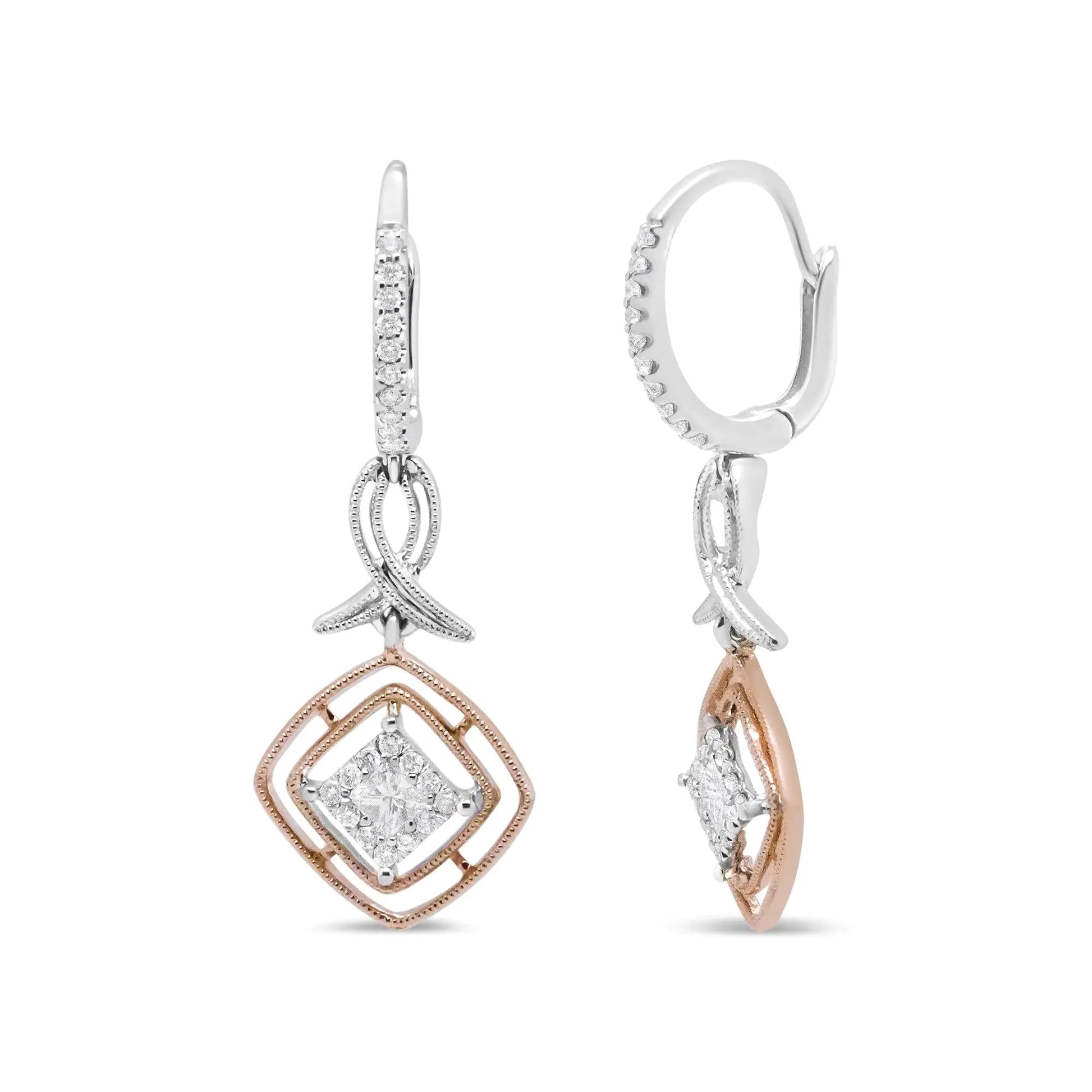 14K White and Rose Gold 1/2 Cttw Round and Princess-Cut Diamond Openwork Marquise Ribbon Dangle Earring (G-H Color, SI2-I1 Clarity) WEM Support (www.WEM.support)