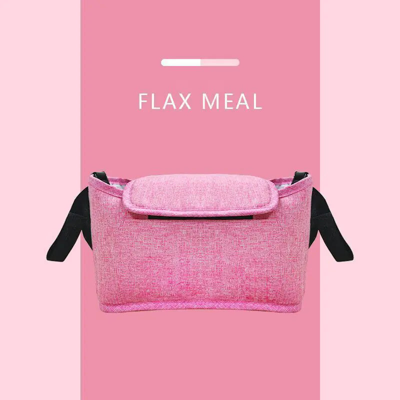 Pink bag with black straps on a pink background with 'FLAX MEAL' text.