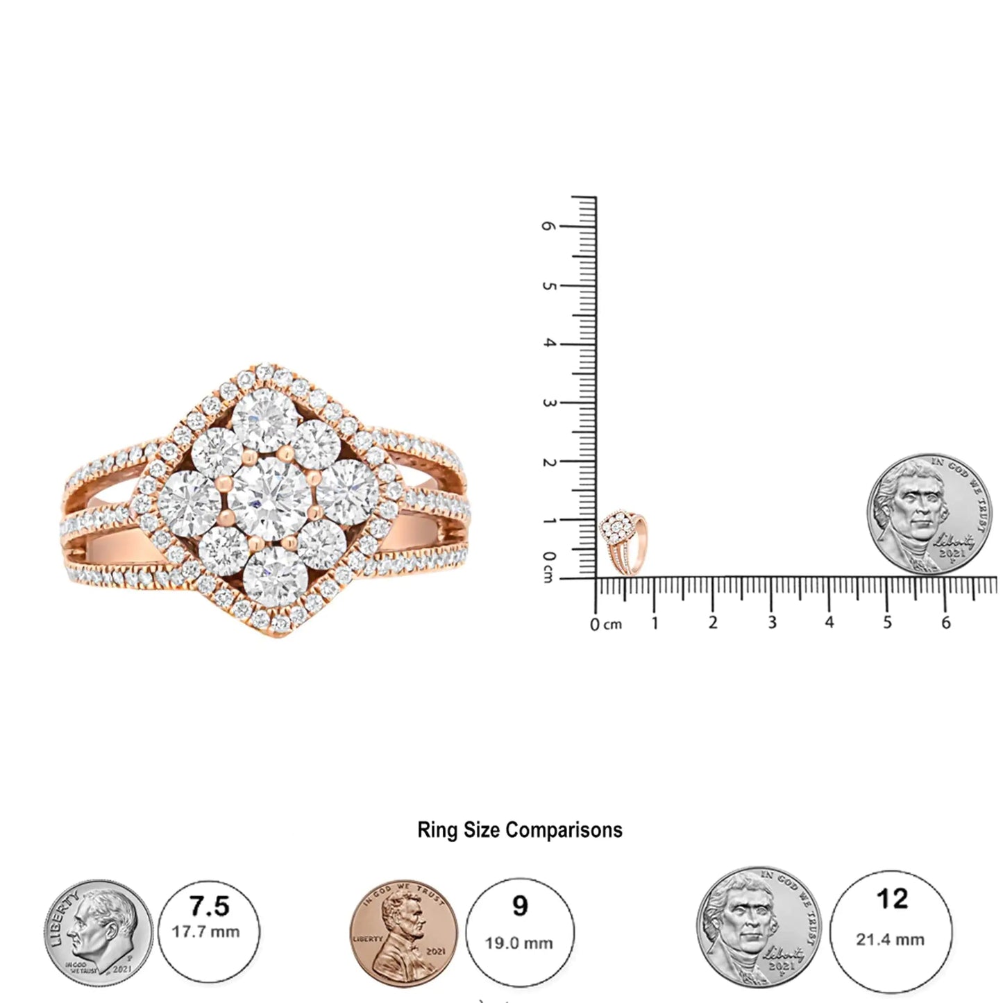 18K Rose Gold 1 1/4 Cttw Diamond Halo Cluster Split Shank Ring Band (F-G Color, VS1-VS2 Clarity) WEM Support (www.WEM.support)