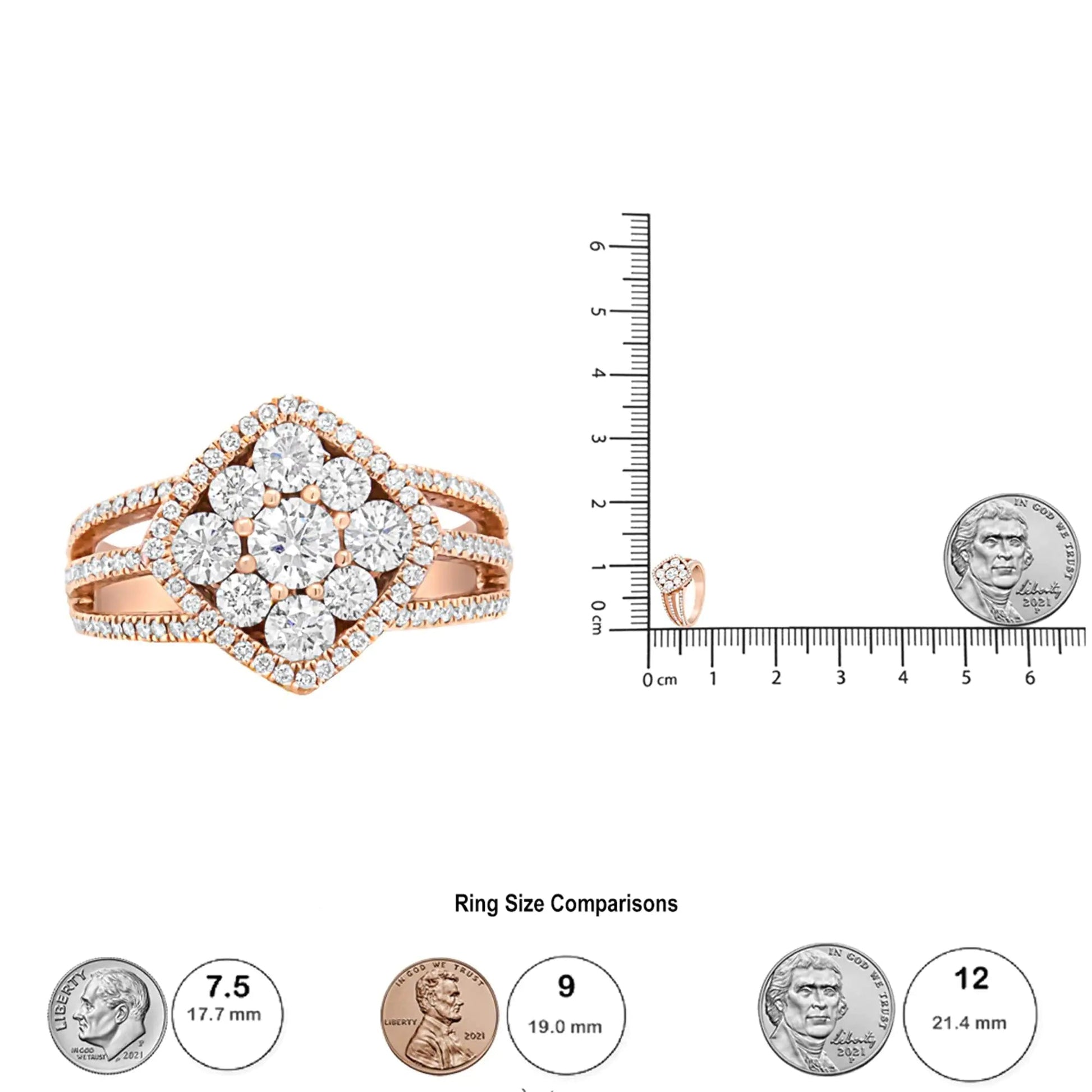 18K Rose Gold 1 1/4 Cttw Diamond Halo Cluster Split Shank Ring Band (F-G Color, VS1-VS2 Clarity) WEM Support (www.WEM.support)