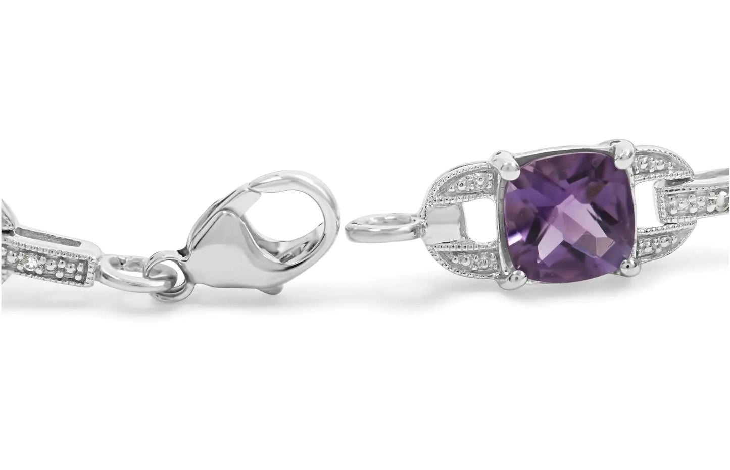 .925 Sterling Silver 7mm Cushion Cut Amethyst Gemstone and Diamond Tennis Link Bracelet (I-J Color, I1-I2 Clarity) - Size 7" WEM Support (www.WEM.support)