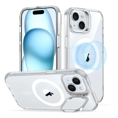 A clear TPU case for iPhone 15 Plus with built-in stash stand and MagSafe compatibility, showing the front, back, and side views.
