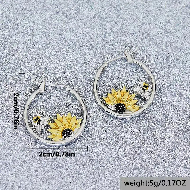 Sunflower Bee Round Ring Earrings Color Meiko WEM Support (www.WEM.support)