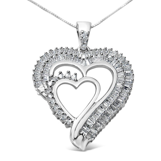 .925 Sterling Silver 3/4 Cttw Round and Baguette Diamond Double Heart Pendant 18" Necklace (I-J Color, I3 Clarity) WEM Support (www.WEM.support)
