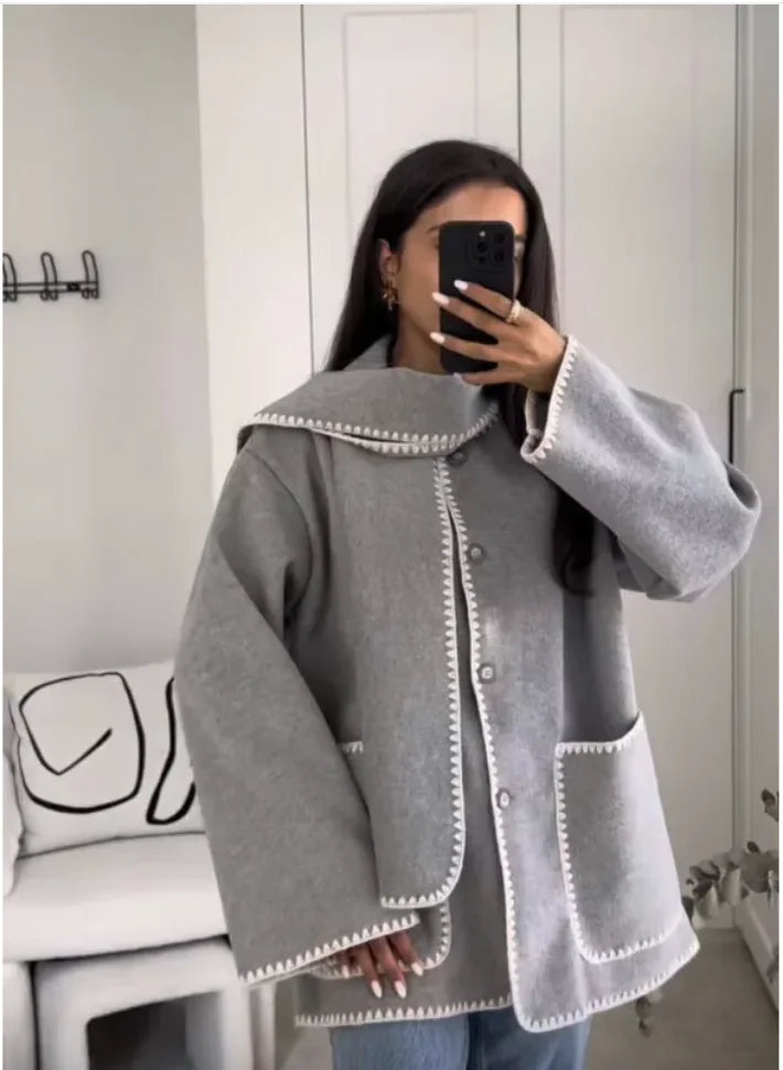 Women's Color-Contrast Woolen Scarf Coat WEM Support (www.WEM.support)