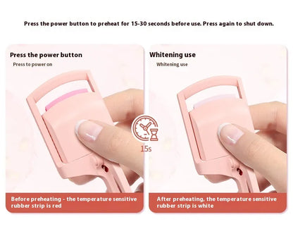 An electric eyelash curler with a pink and white color scheme. Instructions are shown for preheating the device and demonstrating the curling action on a person's eyelashes.
