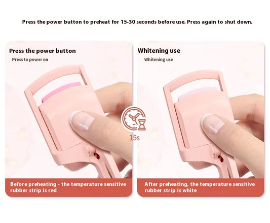 An electric eyelash curler with a pink and white color scheme. Instructions are shown for preheating the device and demonstrating the curling action on a person's eyelashes.