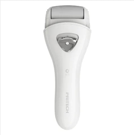 A person is using an electric pedicure device to remove calluses from their foot, which is placed on a wooden floor.