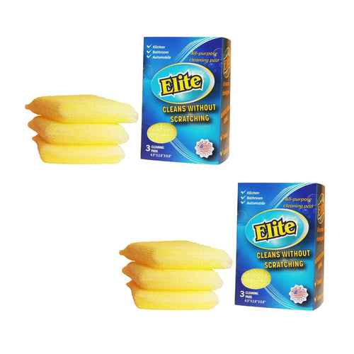 Two packages of Elite All Purpose Cleaning Pads with six sponges in total. The sponges are yellow with a mesh texture, and the packaging is blue and white with the product name and benefits listed.