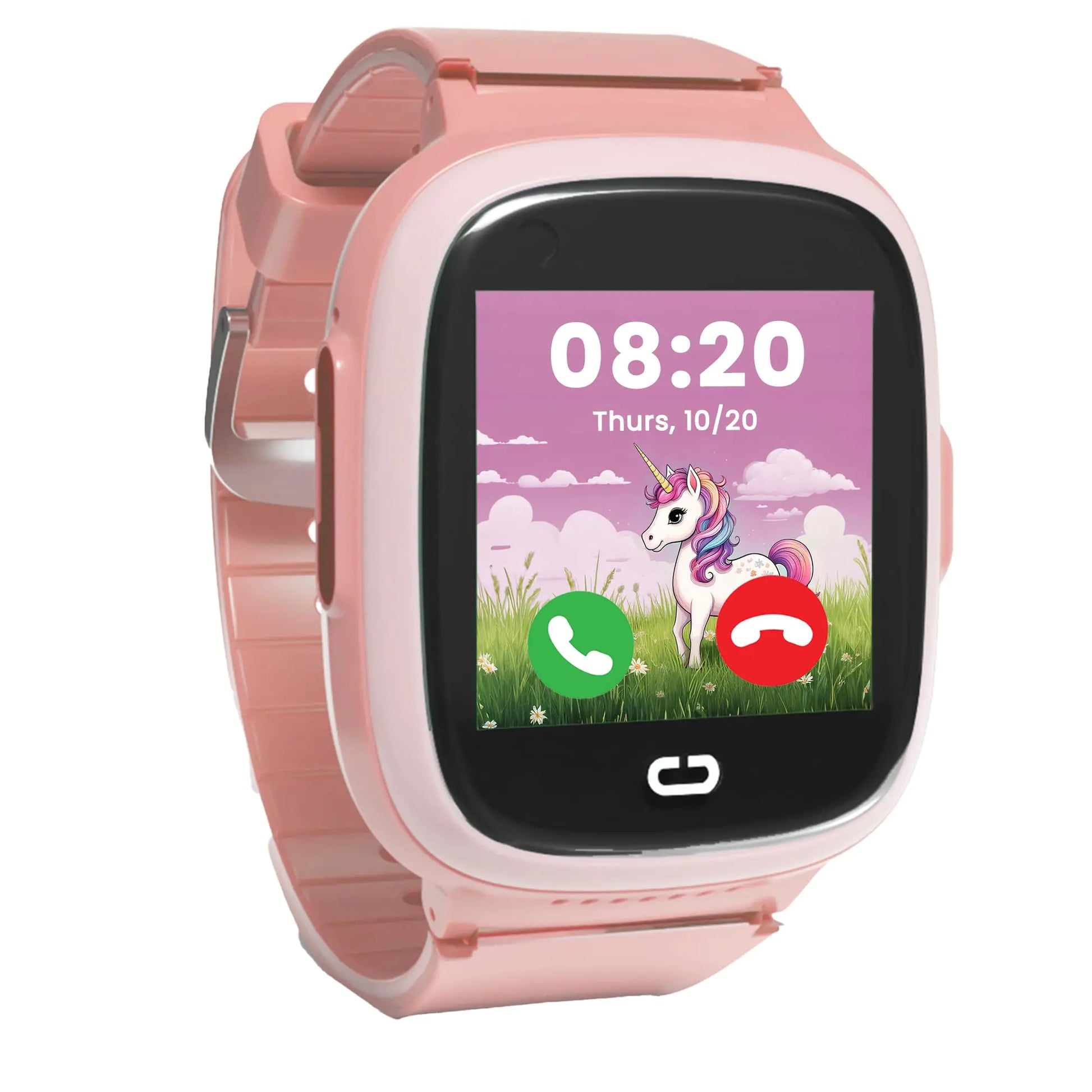A pink kids smartwatch with a colorful digital display showing the time, an unicorn, and two phone icons. The watch has a silicone band and a digital crown.