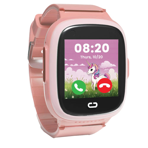 A pink kids smartwatch with a colorful digital display showing the time, an unicorn, and two phone icons. The watch has a silicone band and a digital crown.